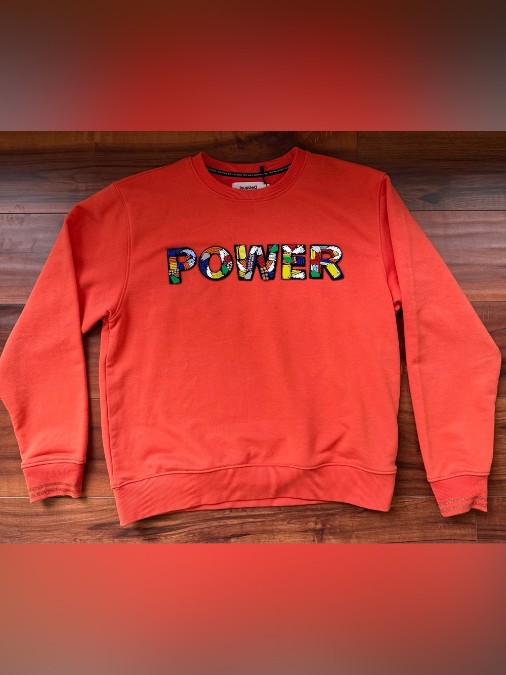Desigual Orange POWER Beaded Patch Sweatshirt Pullover Size L 23SWSK01